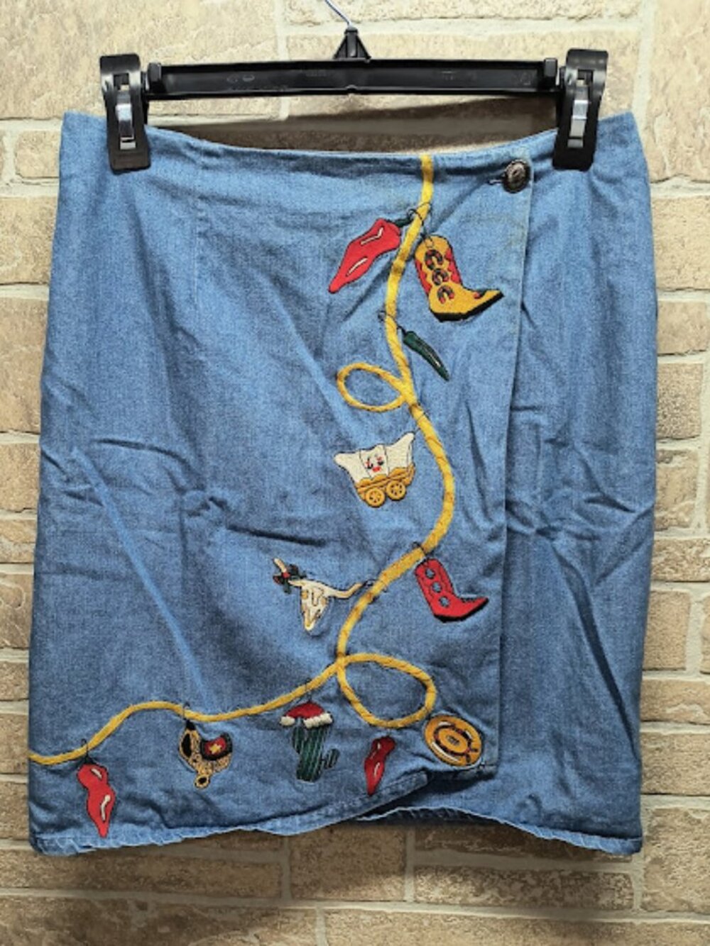 Cambridge Dry Goods Denim Wrap Skirt Western South West Embroidery Size 8